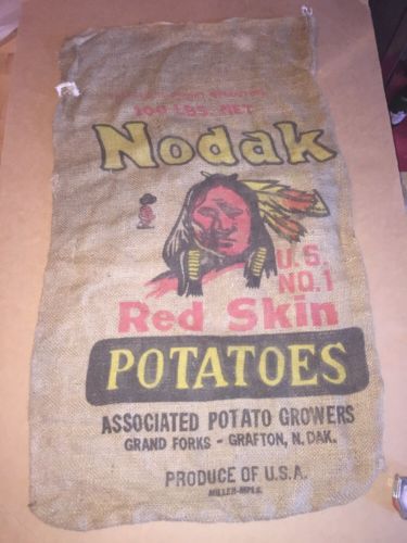 North Dakota Potatoes Native American Sioux Indian Produce Burlap Gunny Sack Bag