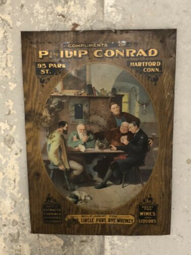 RARE 1890’s Tin Advertising Sign Whiskey Men Playing Poker Hartford CT
