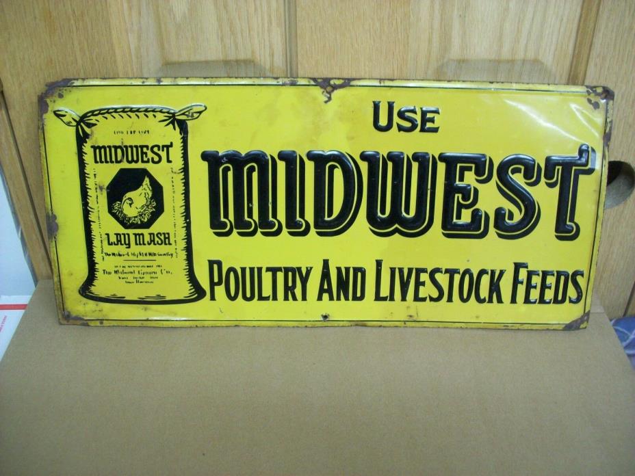 Vintage Midwest Poultry & Livestock Feed Metal Sign Backside Patrick Henry Beer