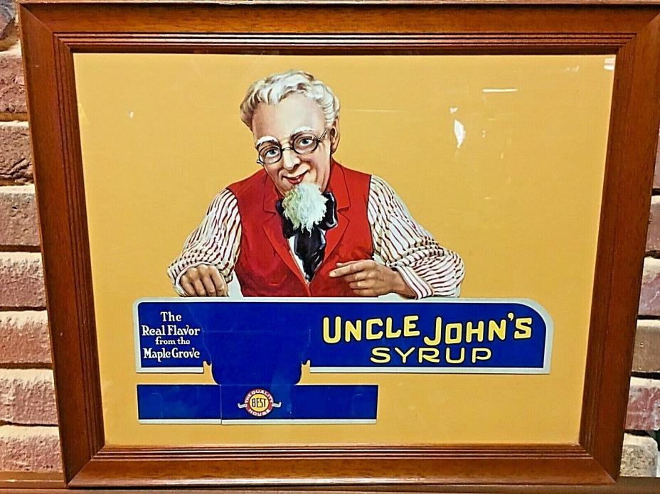 Vintage Old UNCLE JOHN'S MAPLE SYRUP Die Cut Grocery Store Framed Sign 1930's