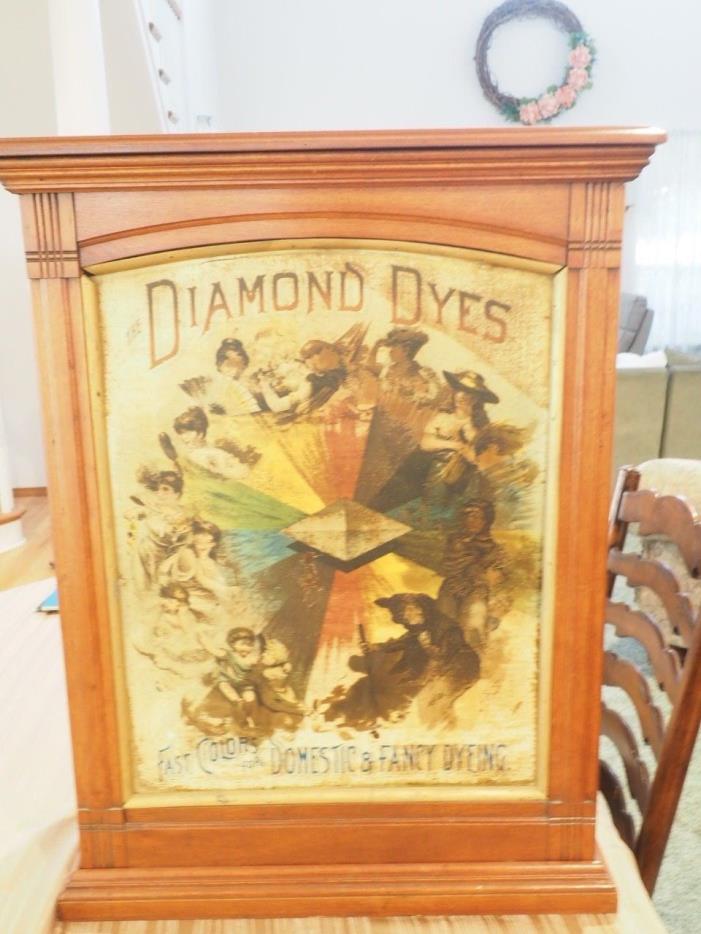 DIAMOND DYES Cabinet Vintage oak Advertising 1890's lithograph Antique Vintage