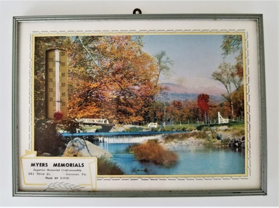 1961 vintage MYERS MEMORIALS hanover pa AD THERMOMETER CALENDAR funeral