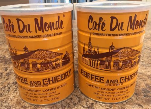 2 CAFE DU MONDE COFFEE AND CHICORY Tin Can EMPTY 15 oz. ea.