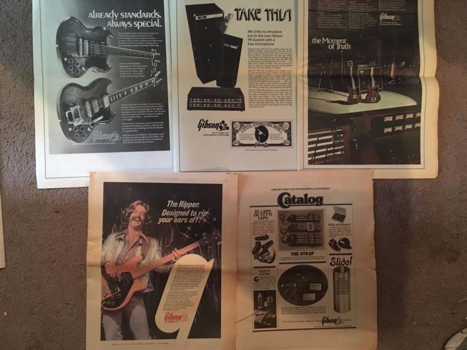VINTAGE 5 LOT GIBSON GUITAR BASS AMPS ADVERTISEMENT POSTER PINUP SG SOLID BODY