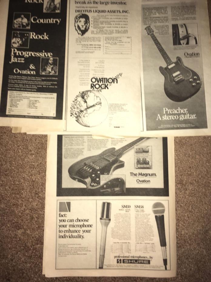 4 LOT VINTAGE OVATION KAMAN GUITARS ADVERTISEMENTS POSTER PINUP HEART LOGGINS