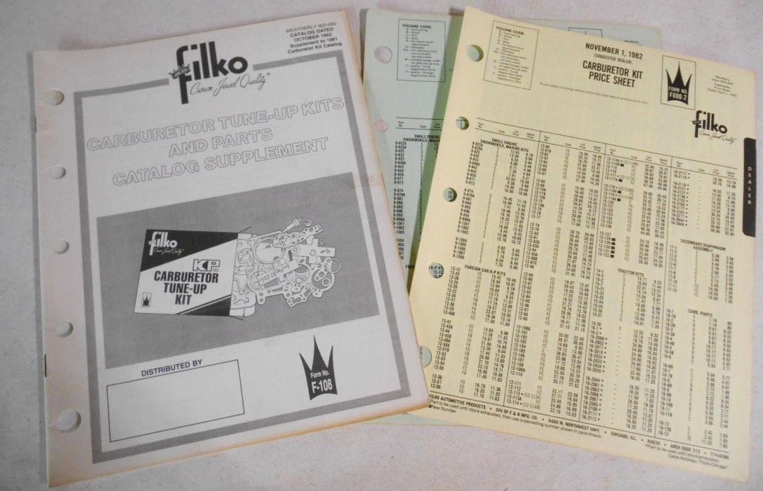 Vintage Old 1982 Filko Carburetor Kits Parts Catalog Supplement w Price Sheets