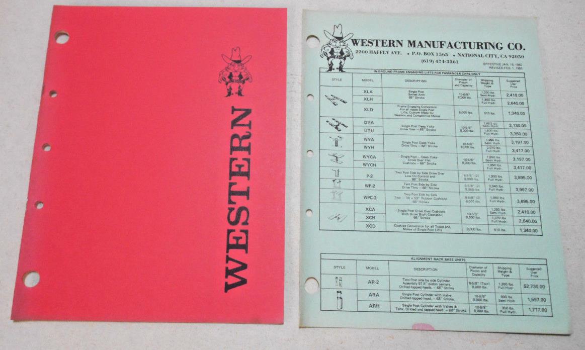 Vintage 80's Western Manuf. Co Twin Single Post Electric Hyd. Lift Catalog Book