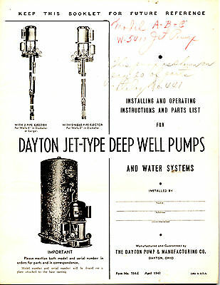 1947 DAYTON JET-TYPE DEEP WELL PUMPS INSTALLING-OPERATING INSTRUCTIONS-PART LIST