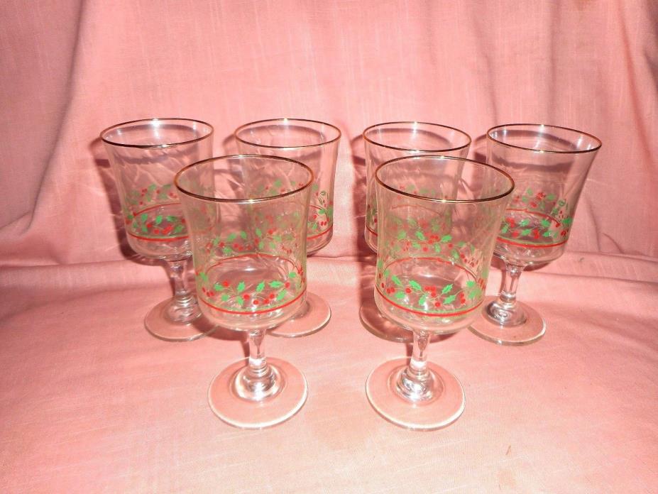 1987 Arby's Libbey Christmas Holiday Holly Stemmed Goblet Wine Water Glass ~ (6)