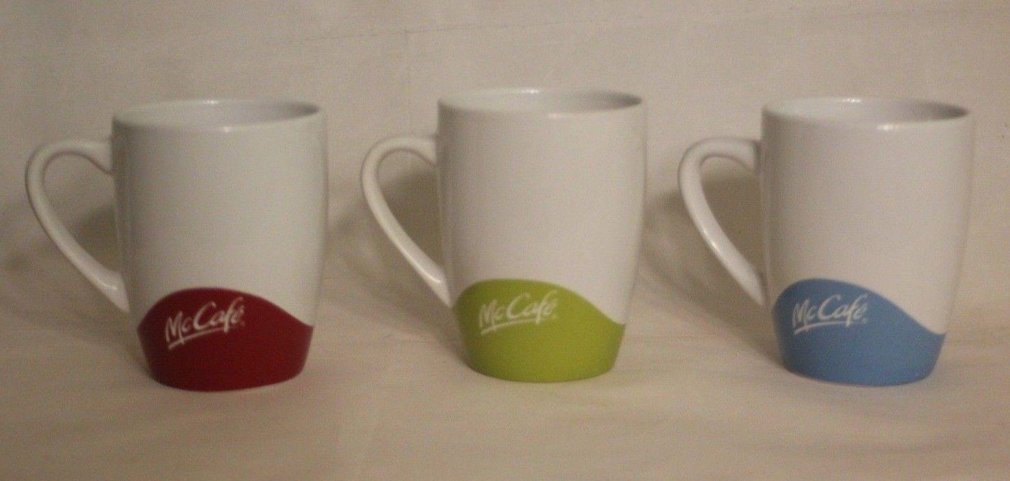 McCafe McDonald's Coffee White Ceramic Coffee Cups 3pc Red Blue Green 2012 Mugs