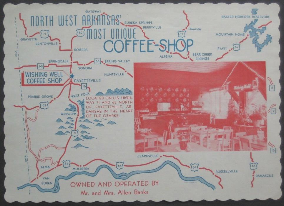 1949 Northwest Arkansas PLACEMAT ROAD MAP Wishing Well Coffee Shop Fayetteville