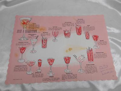 Old Vtg 1963 Mixed Drink Recipe Mixology Restaurant Advertising Placemat