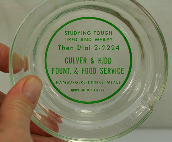 VINT 1950s ADVERTISING ASHTRAY CULVER & KIDD FOUNT. & FOOD SERVICE DIAL 2-2224