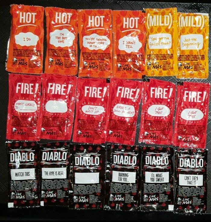 Fresh Taco Bell Sauce Packets: Mild, Hot, Fire, and Diablo. Lot of 18.