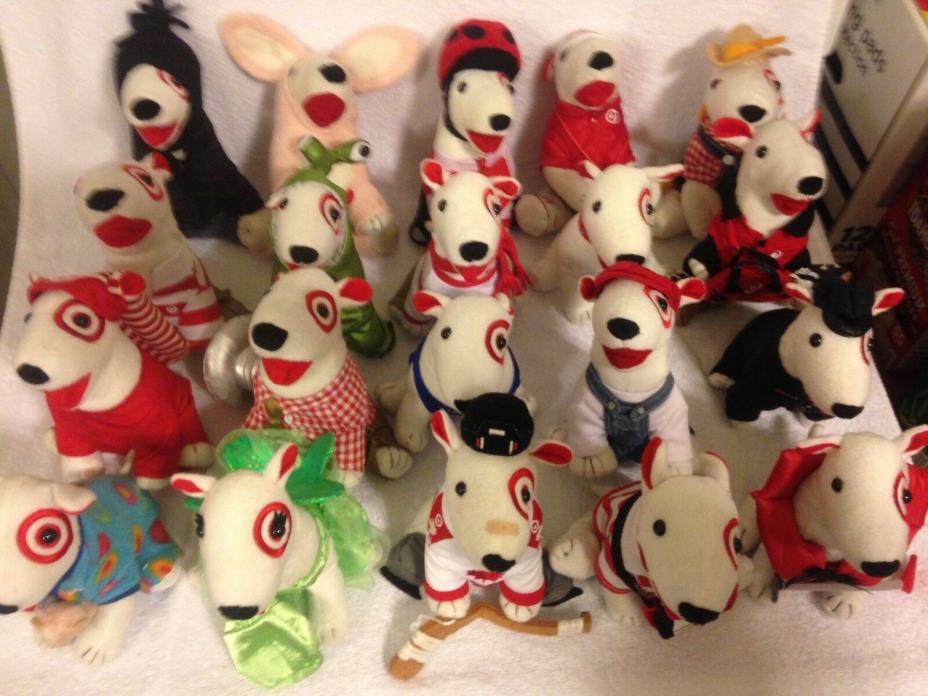 Lot of 20 Bullseye Plush Target Dogs  Hockey/Bunny/Farmer/Coach +16