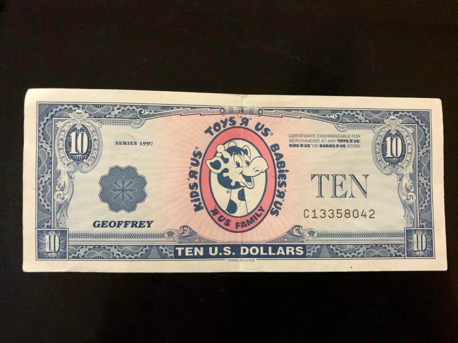 Vintage $10 Toys R Us Geoffrey Dollar, Bill, Gift Certificate 1997 Series