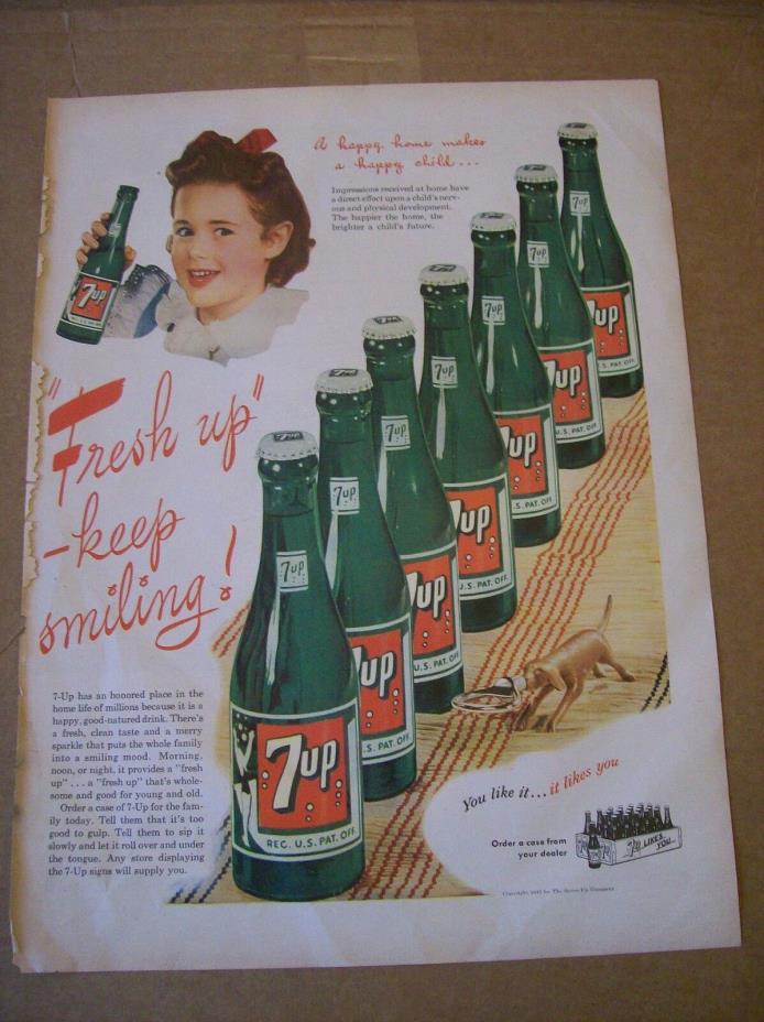 Original 1945 7up Magazine  Ad - Fresh Up Keep Smiling