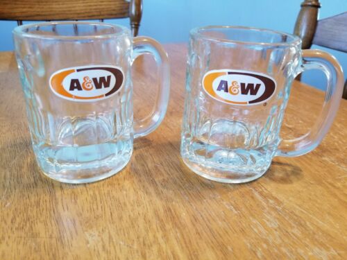 2  Vintage A&W Root beer Small Glass Mugs Old Logo Mug Set Mugs 4 1/2