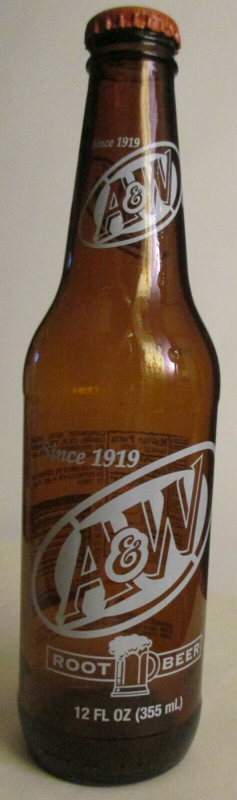 A&W Root Beer 12 oz. Brown Glass Bottle, White Label, Orange Cap, West Jefferson