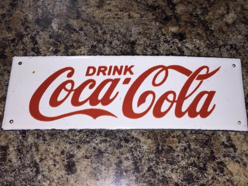 Vintage Small Coca Cola Original Porcelain & Metal Advertising Sign 6”x2”