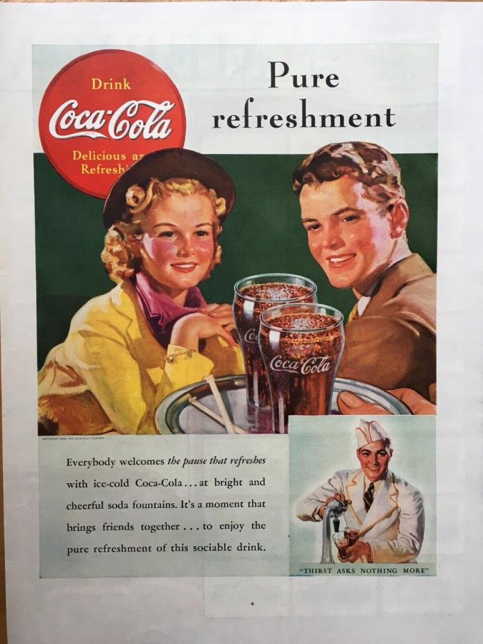 Vintage 1938 Coca Cola Magazine Ad Young Couple Pure Refreshment Seagrams Crown