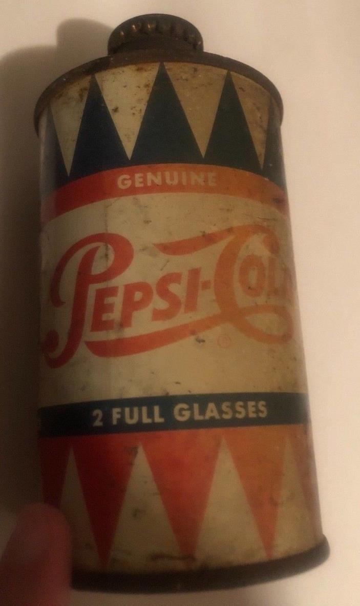 Vintage Early Cone Top Single Dot 2 Full Glasses Pepsi Cola Can *RARE*