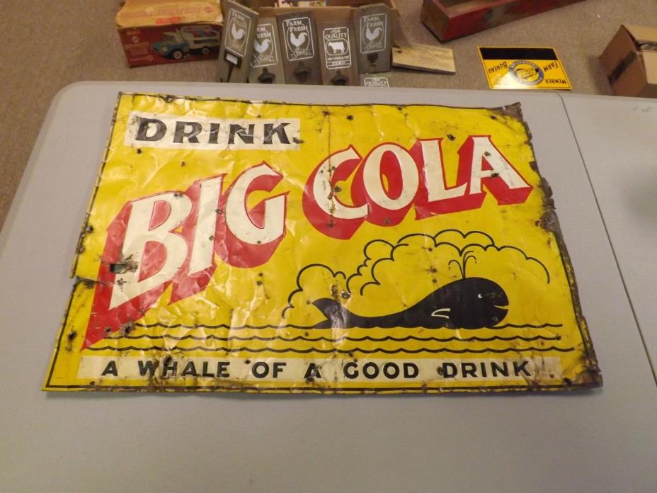 Vintage 1930's BIG COLA Whale Metal Sign RARE GAS OIL SODA Birmingham Alabama