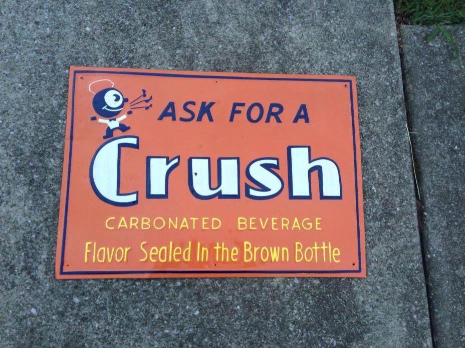 Vintage 1930's Orange Crush Metal Sign CRUSHY Embossed SODA COLA