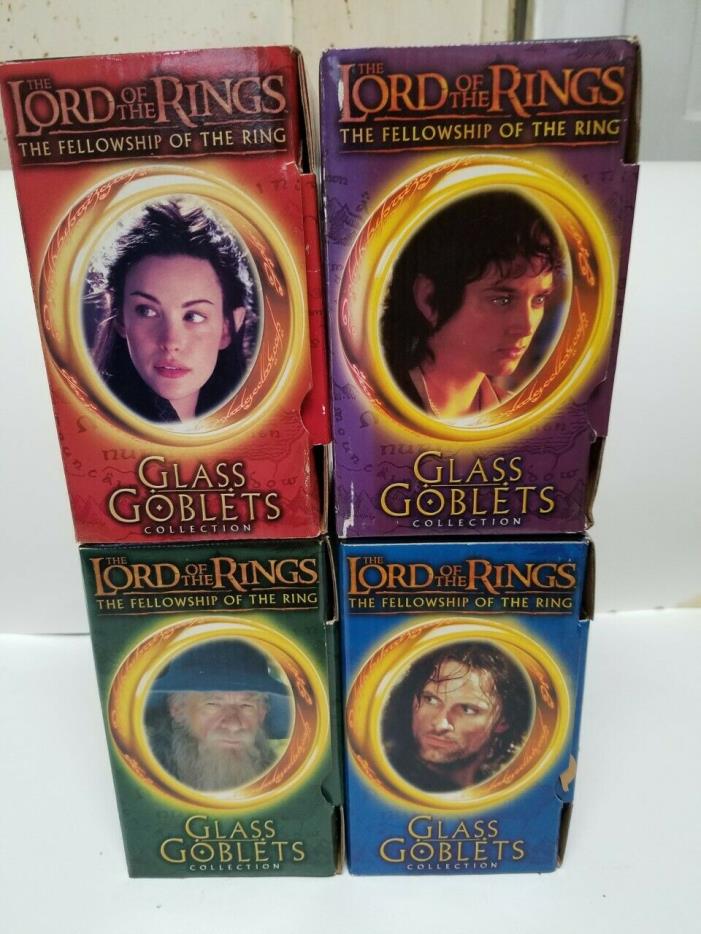 2001 Complete Set of 4 Lord of the Rings Glass Goblet Collection