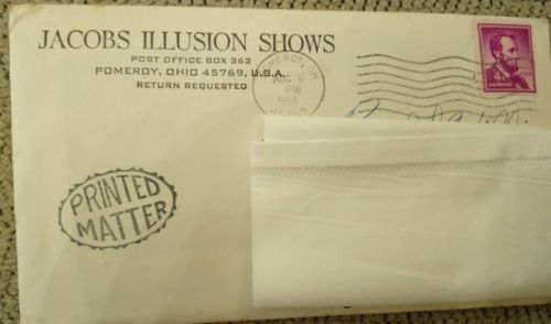 Jacobs Illusion Shows, UNOPENED Sealed Envelope Dated Aug. 1, 1966, Pomeroy Ohio