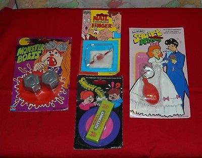 vintage MAGIC TRICKS & GAGS LOT monster bolts, snappy gum, nail through finger +