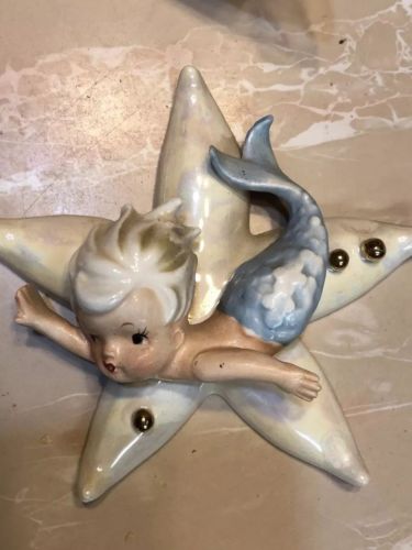 Vintage NORCREST Japan Mermaid Blue Merboy on Starfish Wall Plaque Hanging MINT