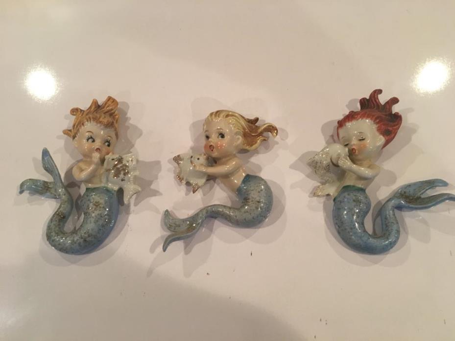 3 Vintage Norcrest Mermaids Holding Fish Wall Plaque Figurines P659