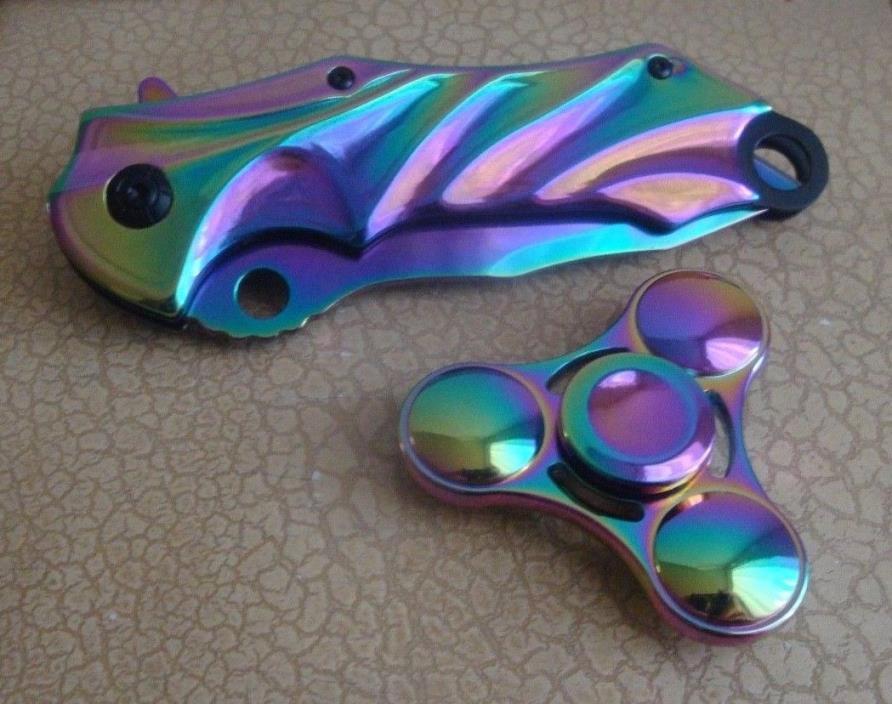 Rainbow Wavy Modern Design Pocket Knife + Spinner New