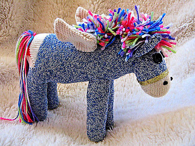 ? Sock Monkey Rainbow Maned Blue Alicorn (Unicorn and Pegasus) Handmade