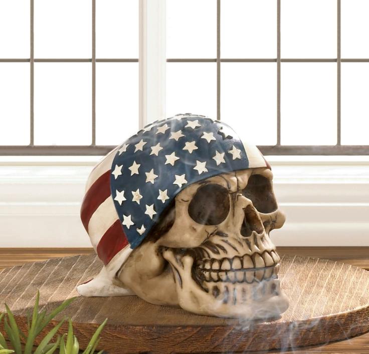 SKULL with AMERICAN FLAG BANDANA Skeleton Figurine