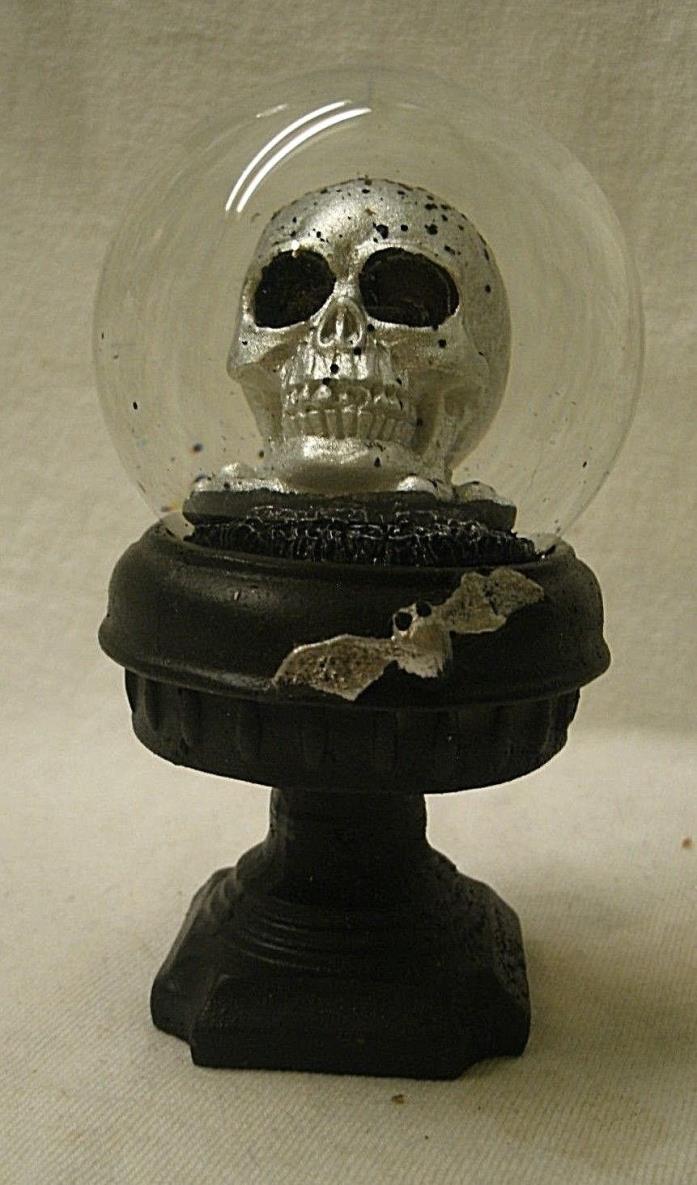 Skull Snow Globe on Pedestal Base silver & black glass & resin bat accent skulls