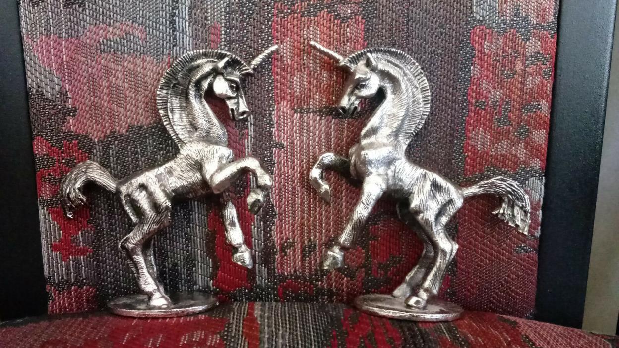 Pair of Challenging Unicorns, Fine Pewter figurine Equine statues