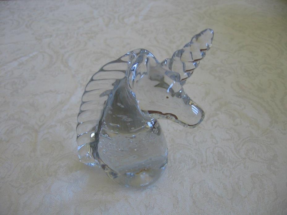 Vintage Mythical Hand Blown Clear Glass Unicorn Paperweight w/ Bubbles - 4 1/2
