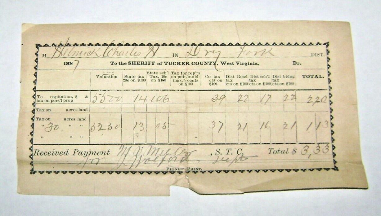 Antique 1887 Property Tax Receipt for Charles Helmick Tucker County WV.