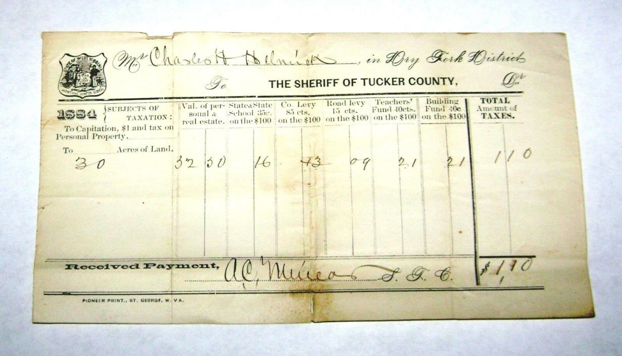 Antique 1884 Property Tax Receipt for Charles Helmick Tucker County WV.