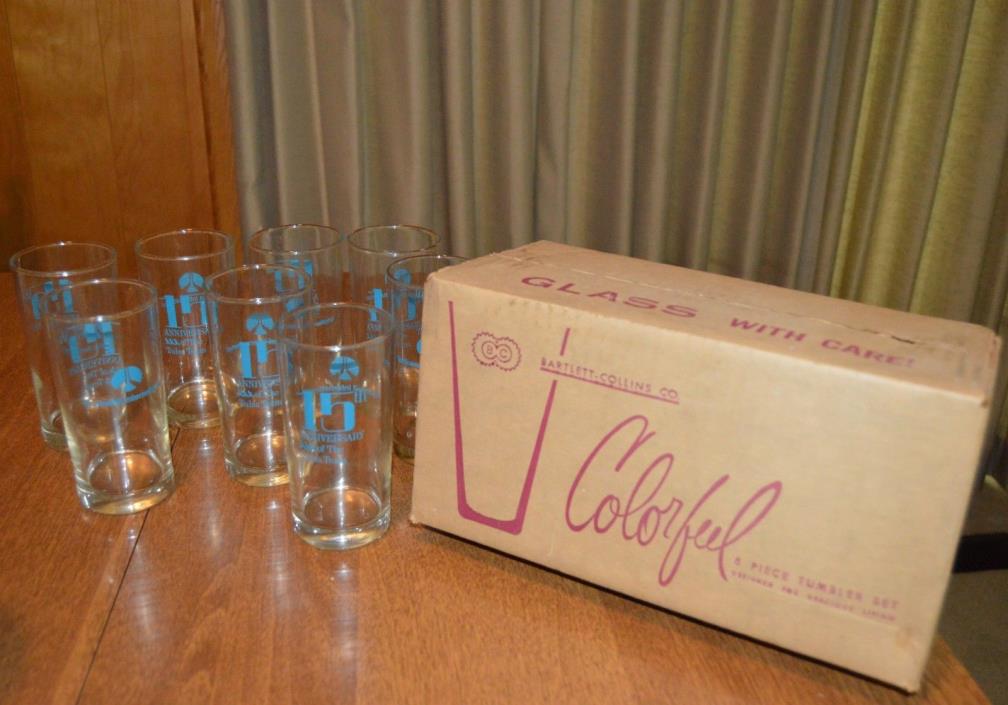 Rockwell International 15th Anniv. 8 Glass Tumbler Set Orig Box Bartlett Collins