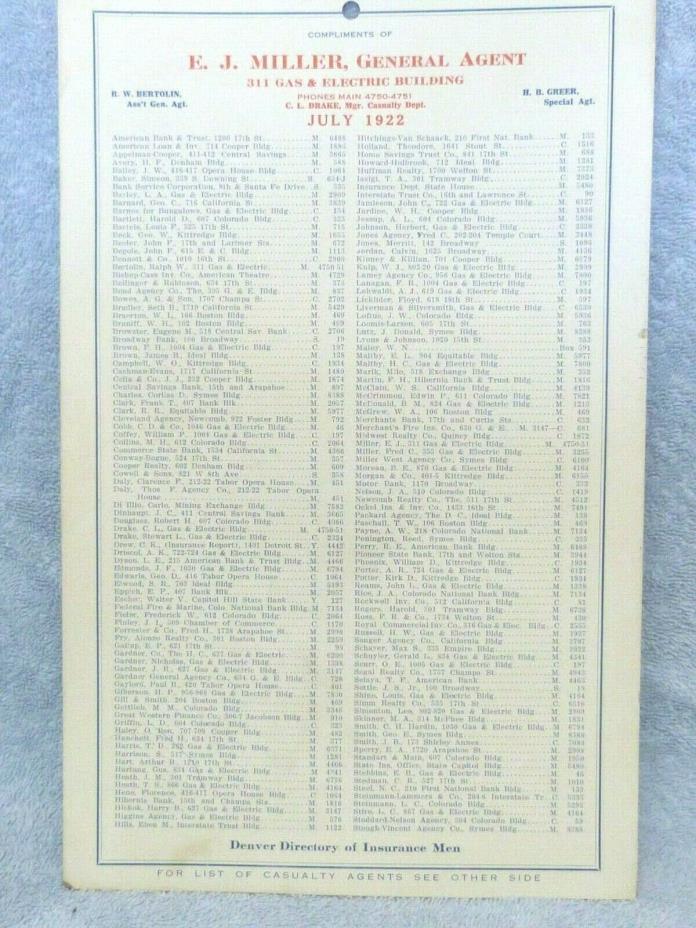 Vintage Denver Colorado Directory of Insurance MEN 1922