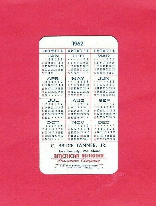 American National Insurance Company 1962 Pocket Calendar C. Bruce Tanner jr.