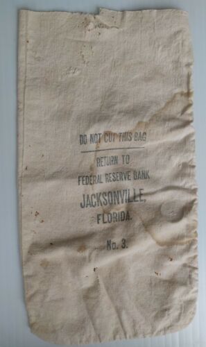 Vintage FEDERAL RESERVE BANK OF JACKSONVILLE, FLORIDA Canvas/Cloth Money Bag