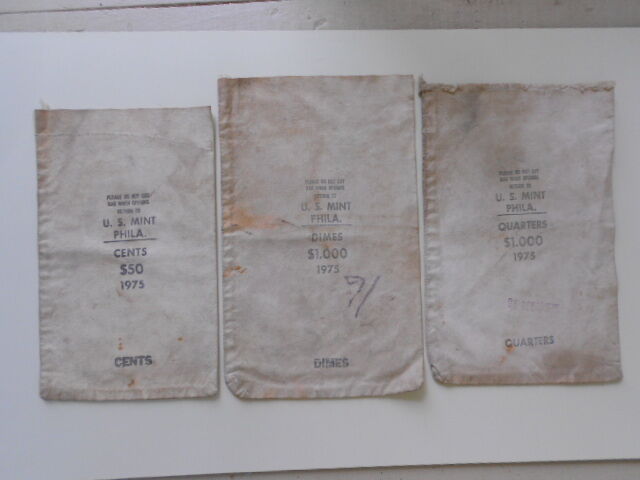 3 VINTAGE 1975 US Mint  Philidelphia Cloth Bank  Bags CENTS-DIMES-QUARTERS