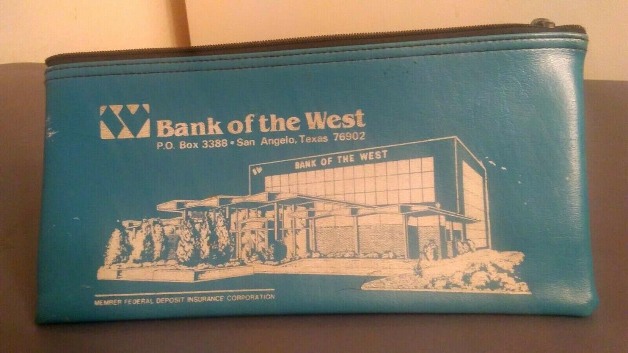 Vintage Bank money bag zipper bag Bank of the West San Angelo Texas 1980's