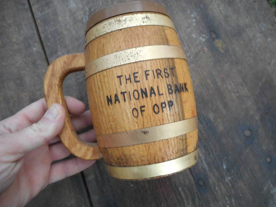 Vintage Wood Keg Barrel First National Bank of Opp Alabama Beer Mug