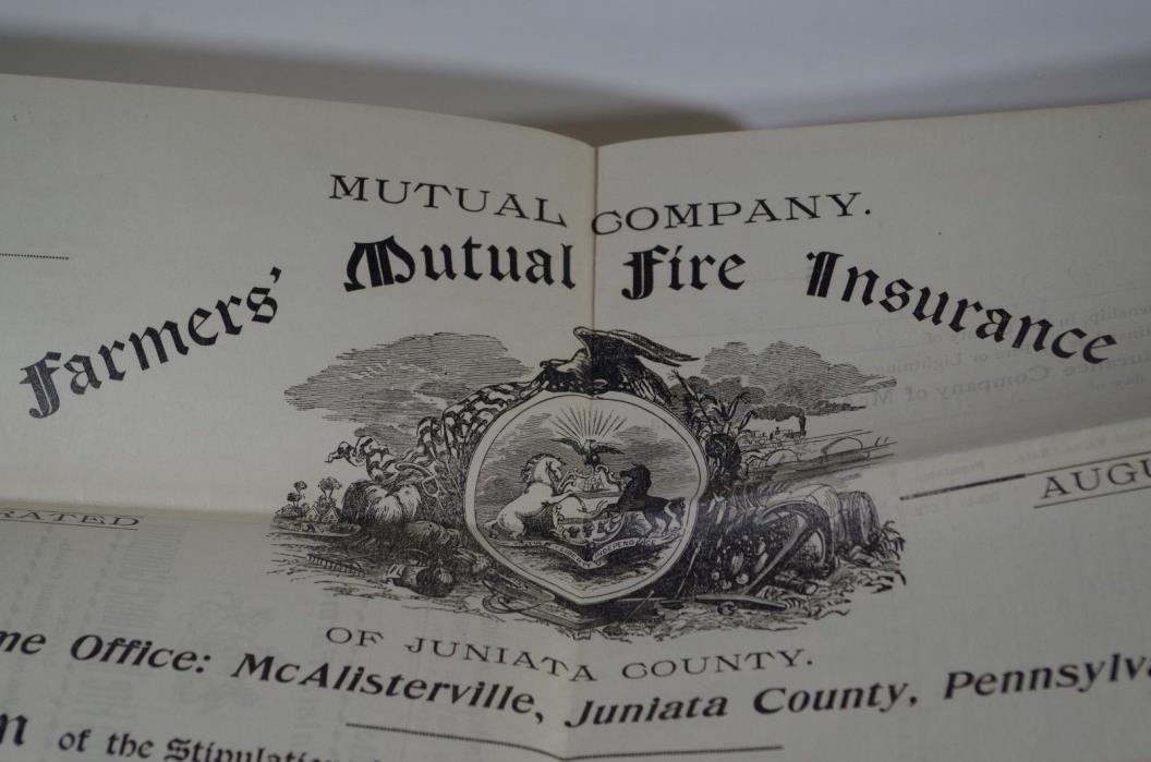 ANTIQUE 1903 Juniata Farmers Fire Mutual Insurance Company Policy McAlisterville