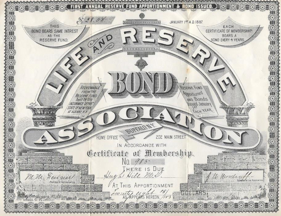 Antique 1887 Life & Reserve Bond Association Certificate $28.08 Hugh Hill MD